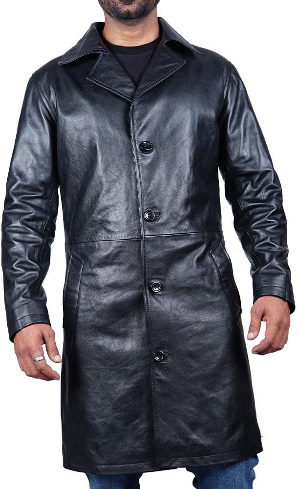 Desired Men's Trench Black Full Body Genuine Leather Duster Overcoat Sheepskin Long Coat Glossy Coat - Image 7