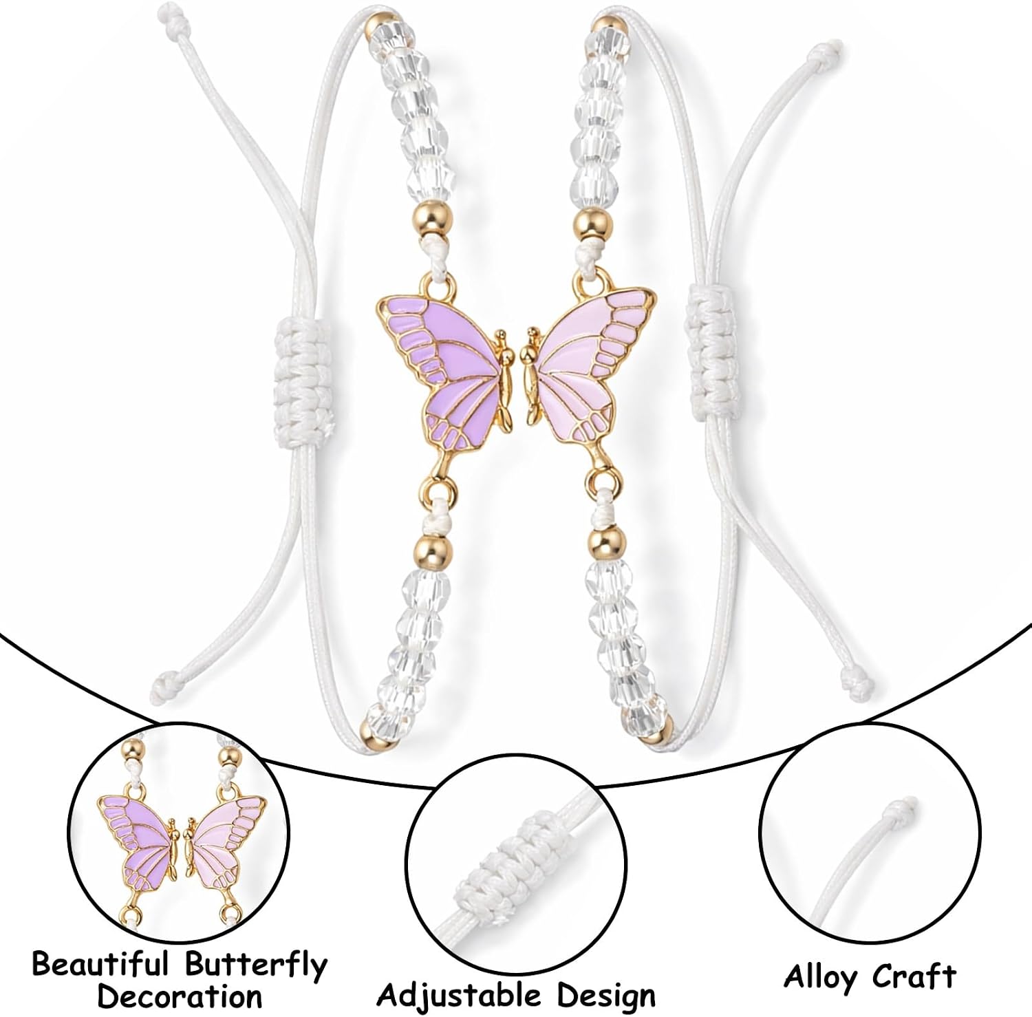 2 Pcs Best Friend Bracelets, Butterfly Friendship Bracelets with Charm Beads, Adjustable Matching Jewelry Gifts for Women Couples (White Purple Pink Gold, 4.72 In)(1) (1)