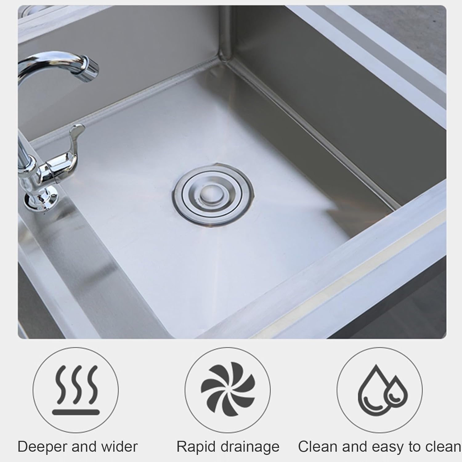 Commercial Stainless Steel Workbench Freestanding Sink Cabinet Large Space Storage Cabinet Large Outdoor Adjustable Legs(39.4 * 19.7 * 31.5in Right Sink)