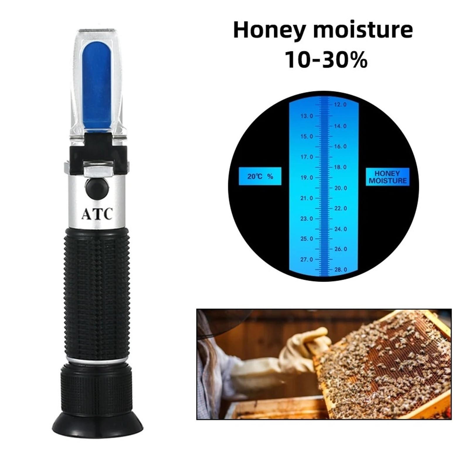 Réfractomètre portatif d'humidité de Miel, Compteur de Concentration d'eau de Miel 10-30%, testeur de réfraction d'outil d'apiculture avec ATC pour Les Tests de Contenu