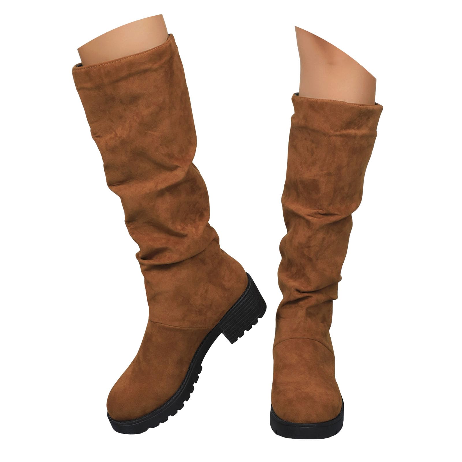 Womens Knee High Boots 2025 Wide Width Vintage Suede Pull On Almond Toe Slouchy Low Block Heel Lug