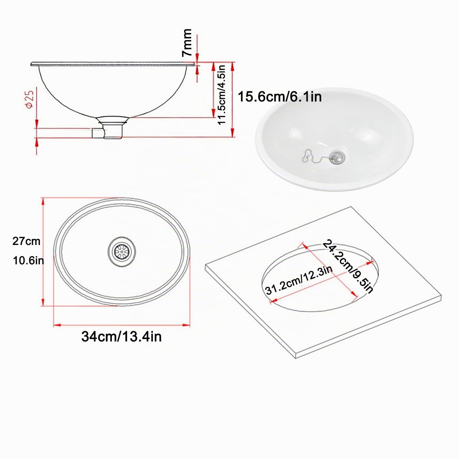Evier Camping Car, Ovale Lavabo Cuisine en Plastique avec Sortie D'évacuation, Bol Unique Évier, Evier Van Aménagé pour Caravane et Camping Car