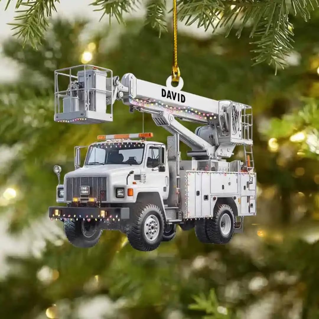 Personalized Lineman Bucket Truck Christmas Ornament, Custom Name Lineman Bucket Truck 2D Flat Acrylic Ornament, Lineman Gift for Men, Dad, Lineman Truck Driver Xmas Ornament