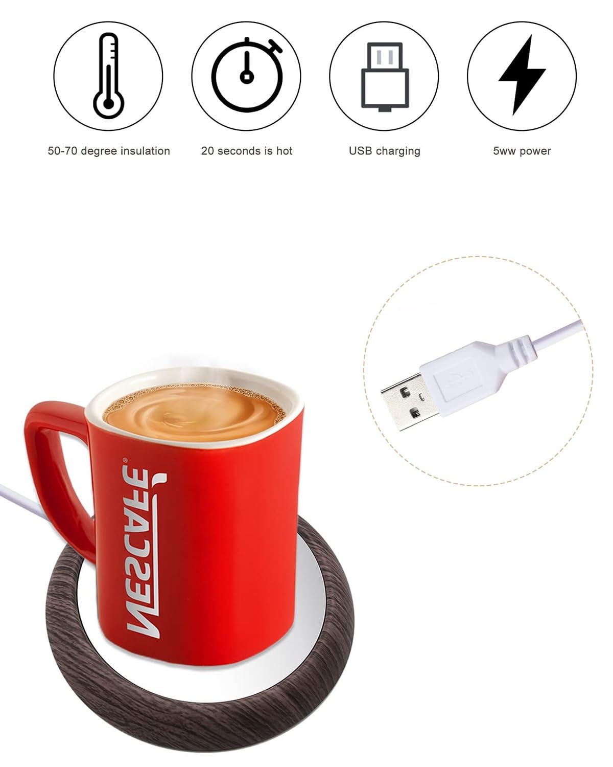 MYMULIKE JRBD-SMW-DE Calentador de tazas de café y té USB 45°C acero aluminio marrón
