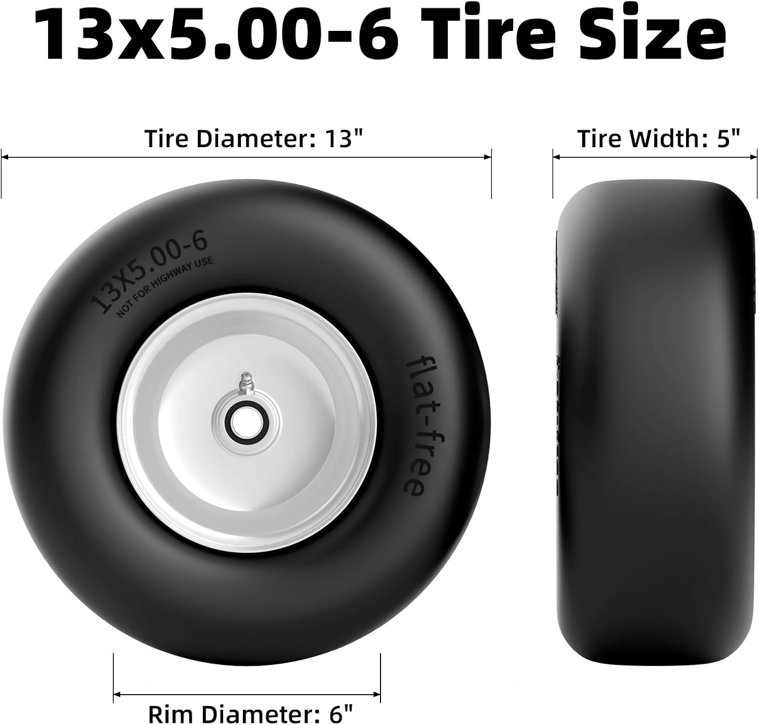 13x5.00-6 Flat Free Lawn Mower Tire, Zero Turn Mower Front Tires, 13x5x6 Solid Mower Wheel for Residential and Commercial, 3/4 & 5/8 Bearing, 3.25-5.9 Center Hub, 2Pack Gray, 500Lbs