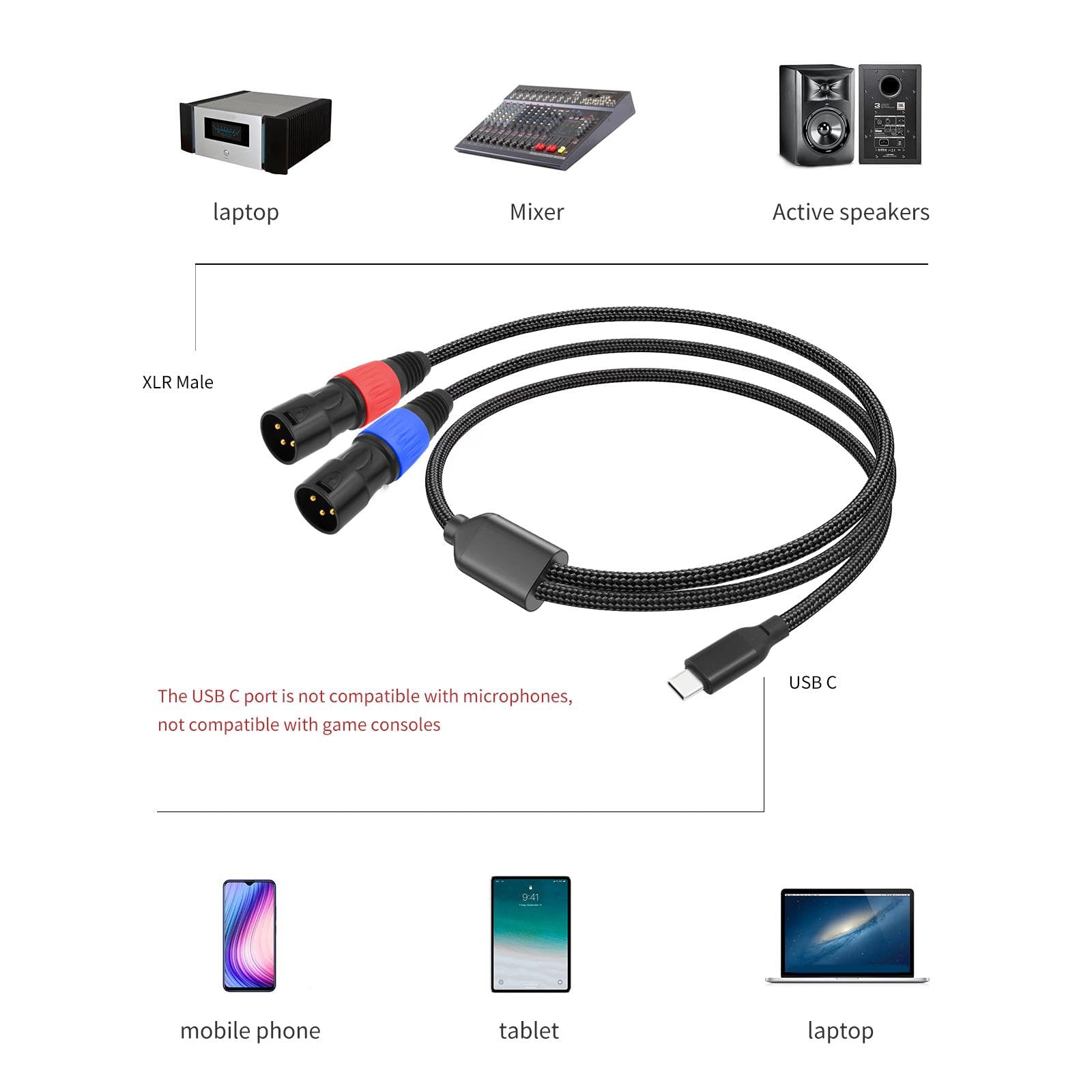 Zestaw 5 kabli typu C na 2 XLR RCA Y Splitter Cord do kina domowego, słuchawek, głośnika, 3 m