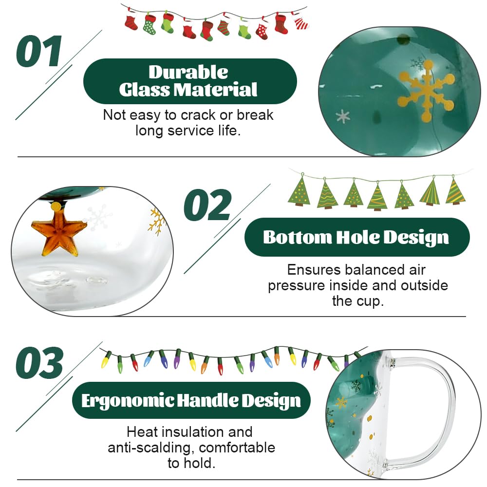 ADERTOS Tazza Natalizia a Doppio Strato Mug Natalizie a Vetro da 300ml Tazze Caffe Natalizie Tazze da Latte Natalizie con Coperchio a Fiocco Nevee e Cucchiaio Tazza da Tè a Forma di albero di Natale