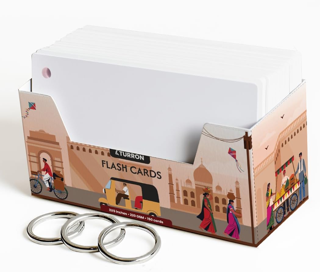 Index Flash Cards Tray - 200 GSM, 150 Cards, 3x5 inch, Blank White - with Free Binder Rings for Short Notes, cue Cards, Cheat Sheets, exam, Interview Preparation