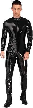 Lejafay Men PVC Leather Latex Catsuit Zipper Front Bodysuit Leotard Sport Full Body Jumpsuit Clubwear