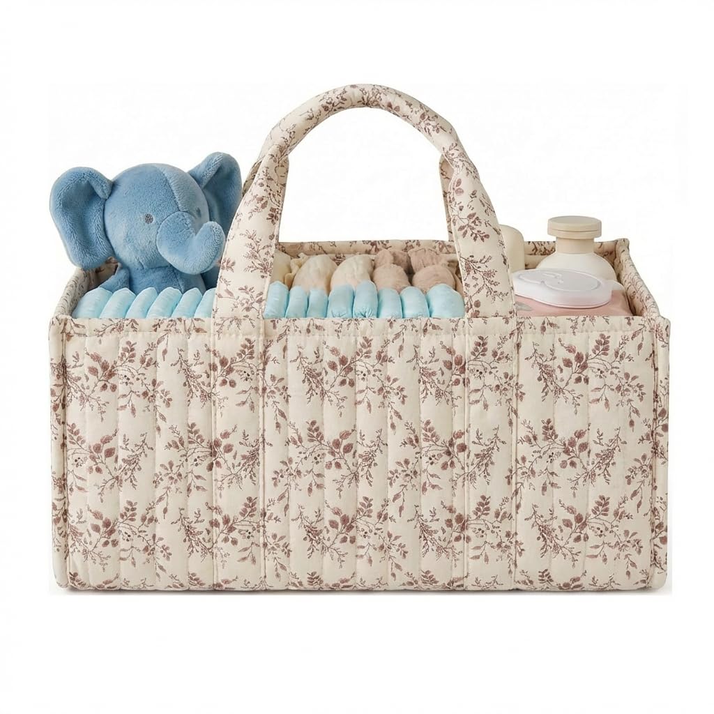 GSenhui BBIQI Floral Baby Diaper Caddy Quilted Fabric Basket Nursery Storage Basket for Diaper and Wipes (Beige)