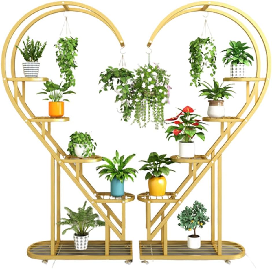 5 Tiers Metal Plant Stand, Heart Shape Ladder Plant Stand with Hanging Hook for Multiple Plants, Metal Plant Stand Indoor Outdoor Large Display Shelf for Home Decor, Living Room & Balcony