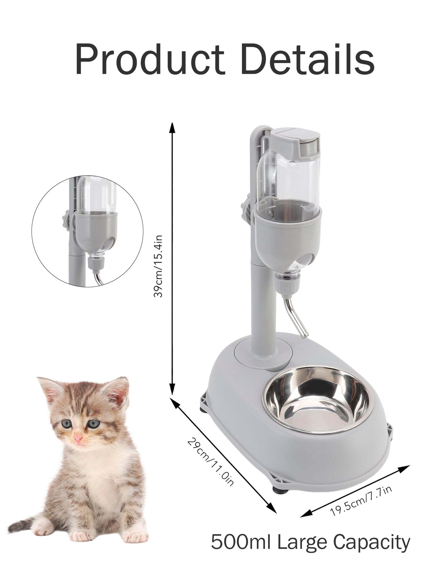Dispensador de agua para mascotas, cuenco dispensador de agua de pie para mascotas, 2 en 1, 500 ml, altura desmontable multifuncional, poste de agua automático con soporte para perros y gatos