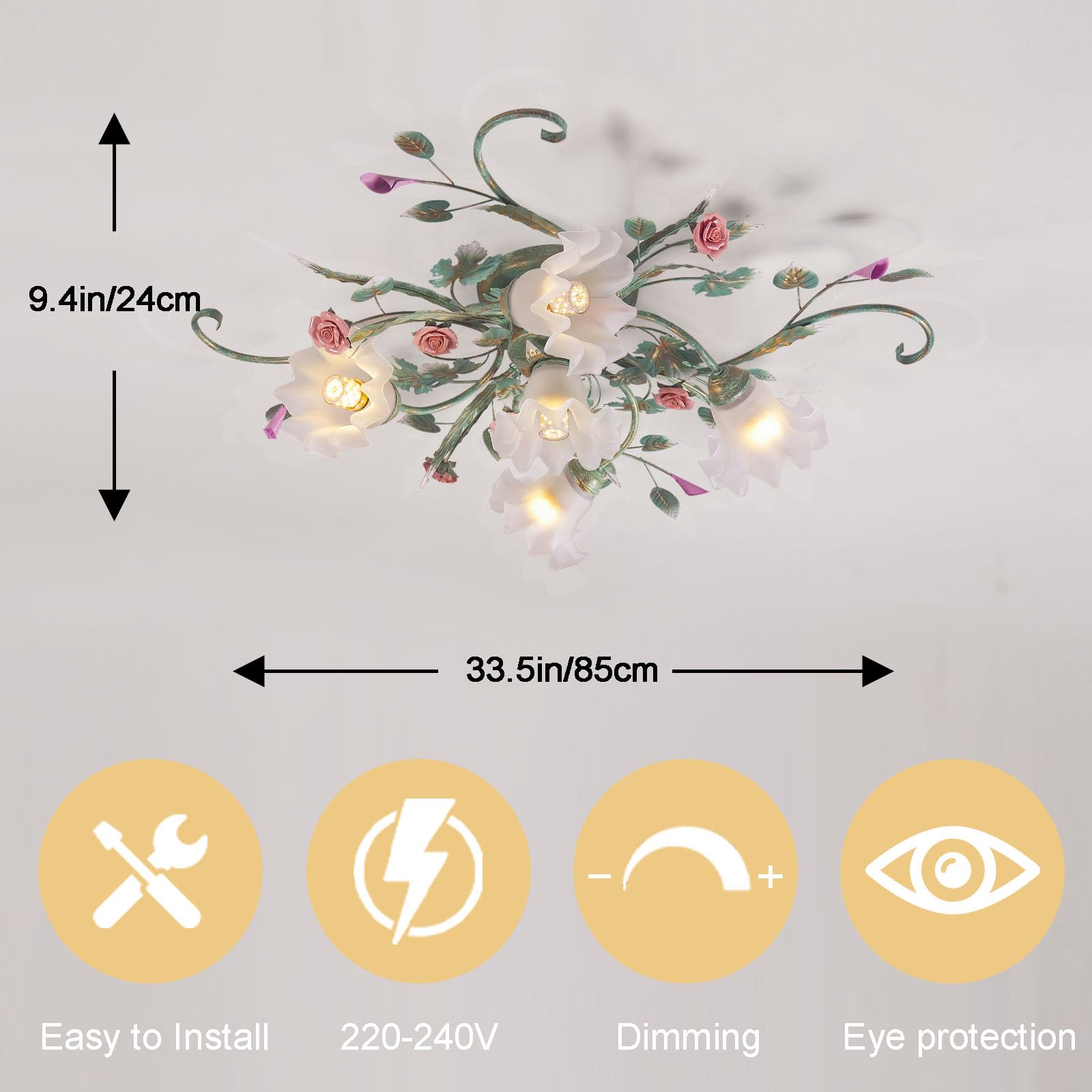 Deckenleuchte Landhaus,Vintage Blumen Design Metall Pendelleuchte, Kronleuchter Mit Glas Lampenschirm Und Rosa Rosen Keramik Für Wohnzimmer Schlafzimmer Restaurant Flur 5 Kopf Grün