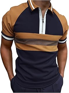 Men's Classic Short Sleeve Polo Shirt Zip Up Casual Summer Slim Fit T-Shirts Striped Graphic Printed Tops Beach Tees