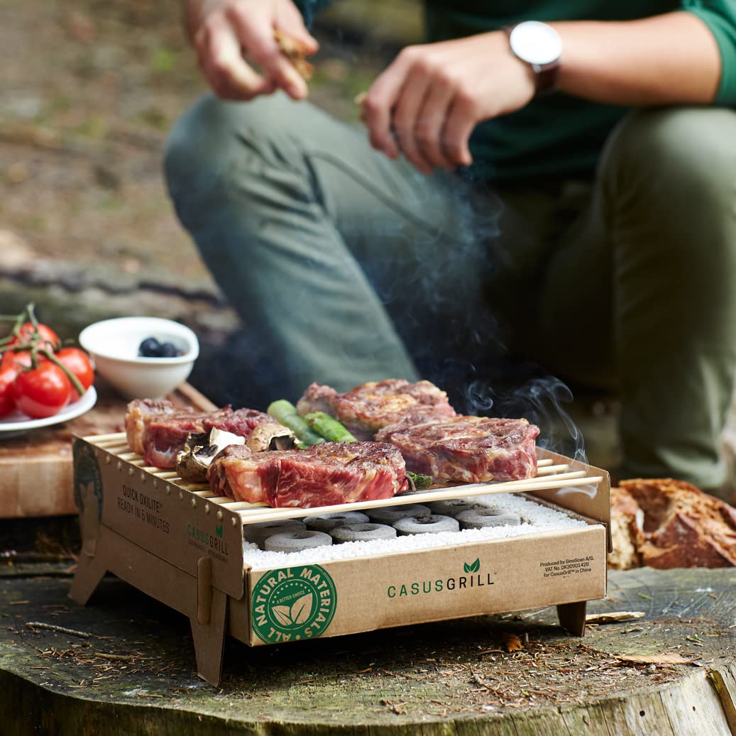 Öko Einweggrill (5 Stück) Himbeta Einmalgrill für Camping Strand Park 100% Nachhaltig 50% weniger CO2 durch Bambuskohle, nach 5 min startklar und über 1 Stunde nutzbar
