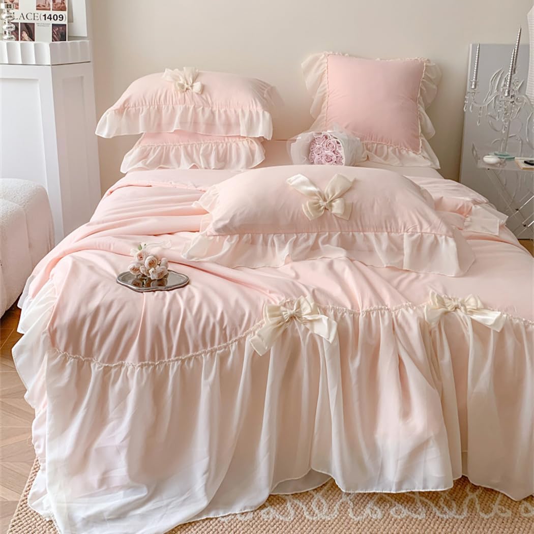 IHOUSTRIY Duvet Cover Queen Size, Ruffle Beddding Set with Bowtie, 3 Pieces Comforter Cover Set with Zipper Closure, Girl Princess Bedding with Pillowcase - Light Pink, Queen