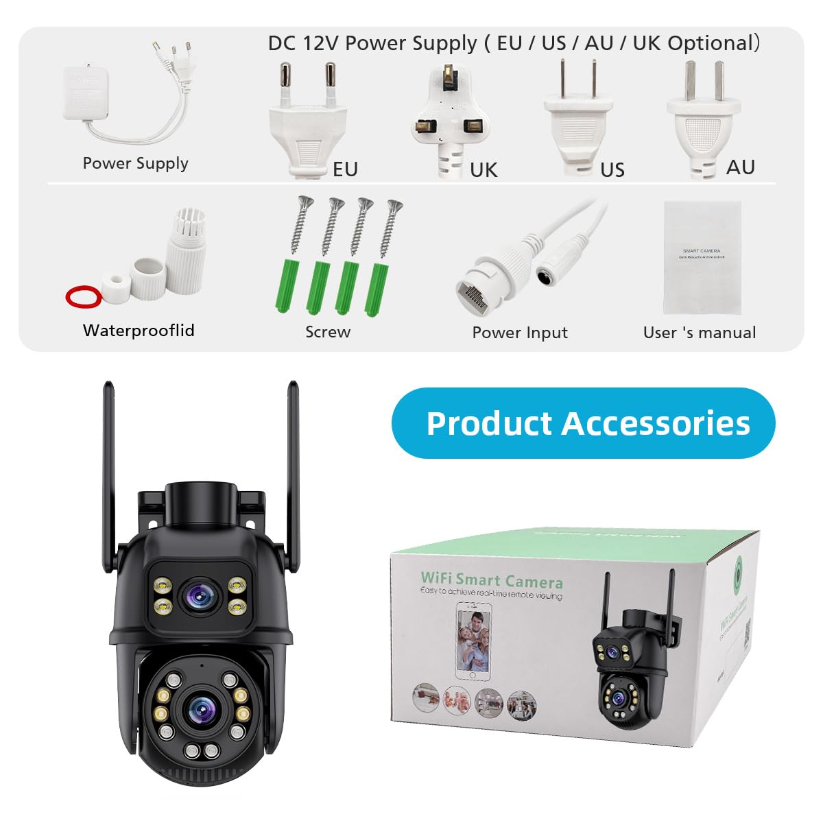 ICSEE - Telecamera di sicurezza WiFi da 6 MP, wireless, doppia lente, PTZ, impermeabile, rilevamento umano, visione notturna a colori, 19,8 m, compatibile con Alexa (doppia lente bianca da 6 MP)