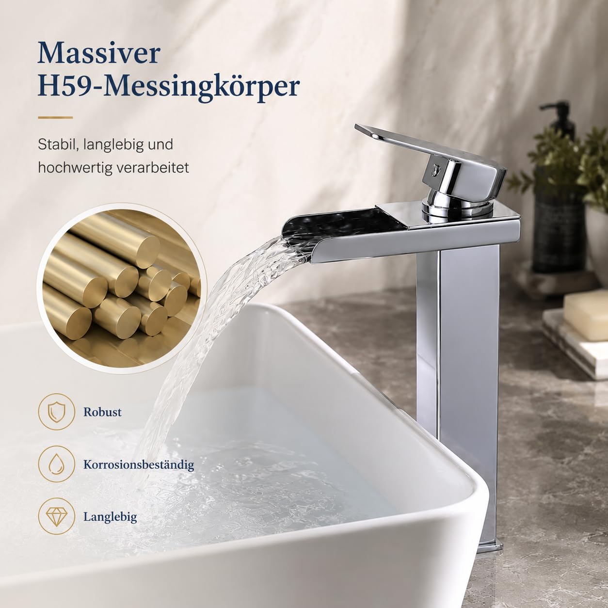 HOMELODY Rubinetto da bagno a cascata, miscelatore monocomando in ottone con beccuccio, altezza 260 mm, moderno miscelatore per lavandino, a risparmio energetico, cromato