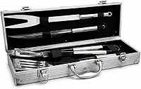 Kit Churrasco Completo 4 Peças em Aço Inox com Maleta de Alumínio, Faca, Garfo, Espátula e Pegador, Conjunto Churrasqueiro Profissional Portátil com Estojo