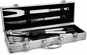 Kit Churrasco Completo 4 Peças em Aço Inox com Maleta de Alumínio, Faca, Garfo, Espátula e Pegador, Conjunto Churrasqueiro Profissional Portátil com Estojo