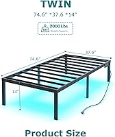 Vista 2 de Marco de cama individual de 14 pulgadas, marco de cama de metal con luces LED, plataforma de listones de acero básico resistente, enchufes y USB,