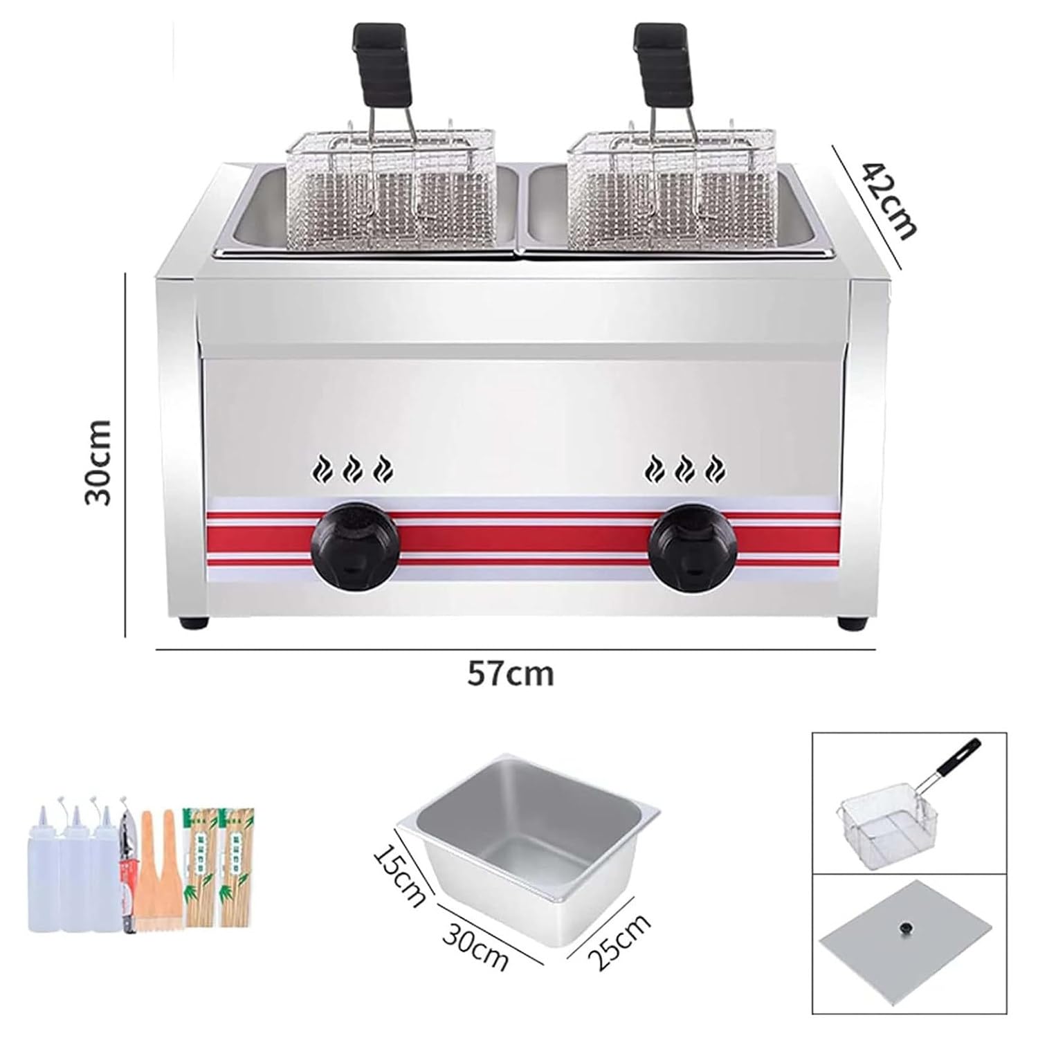 Friggitrice Professionale a Gas GPL da 10/20/30 l, Grande capacità, con cestello e Coperchio, in Acciaio Inox, Potenza di Fuoco Regolabile, Doppio Cilindro da 10 l + 10 l