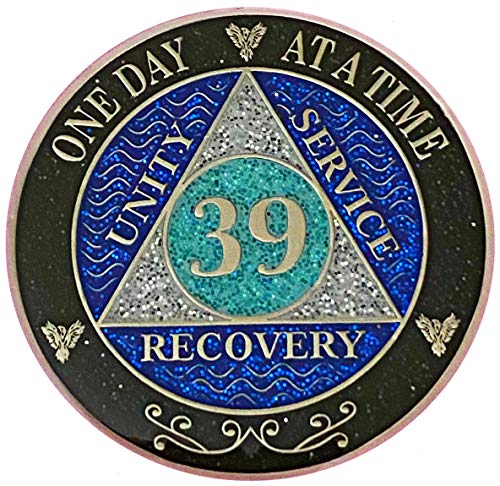 years 1-50 39 year aa recovery silver color plated glitter medallion black rainbow blue silver glitter coin epoxy covered aa 39 year glitter medallion