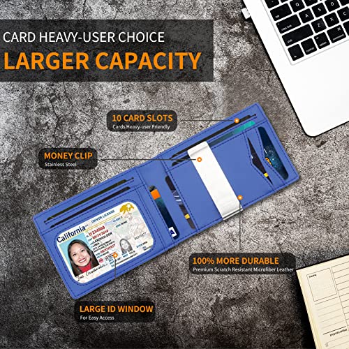 leather wallet for men | Money Clip | Rfid Blocking |10 Card Slot | 1 Large Id Window | Front Pocket | Gift Box | Blue2