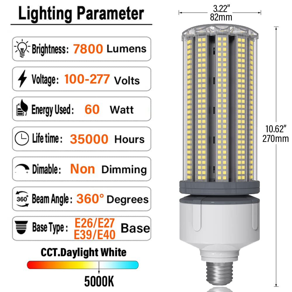 Lampadina LED A Mais Equivalente A 200 W, Attacco E39/E40, Luce Diurna 5000 K, 60 W, 7800 Lm, Lampadine LED per Grandi Superfici, per Interni Ed Esterni, Garage, Magazzini, Illumi，E40