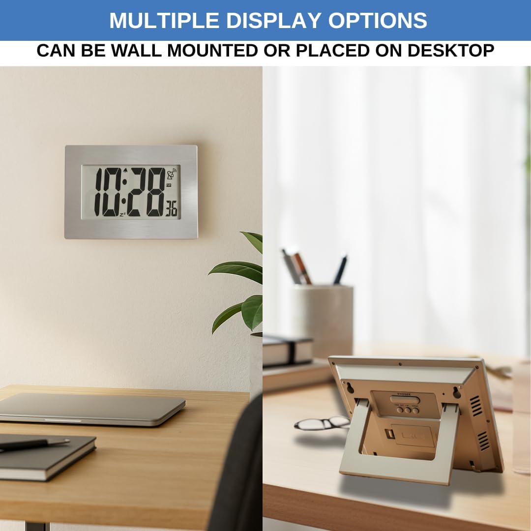 Atomic Digital Wall Clock Large Display Battery Operated | Large Number Digital Clock Easy Read 3.5" LCD, Wall or Desk Clock, Alarm Snooze, 12/24 Hour for Kitchen Office Living Room