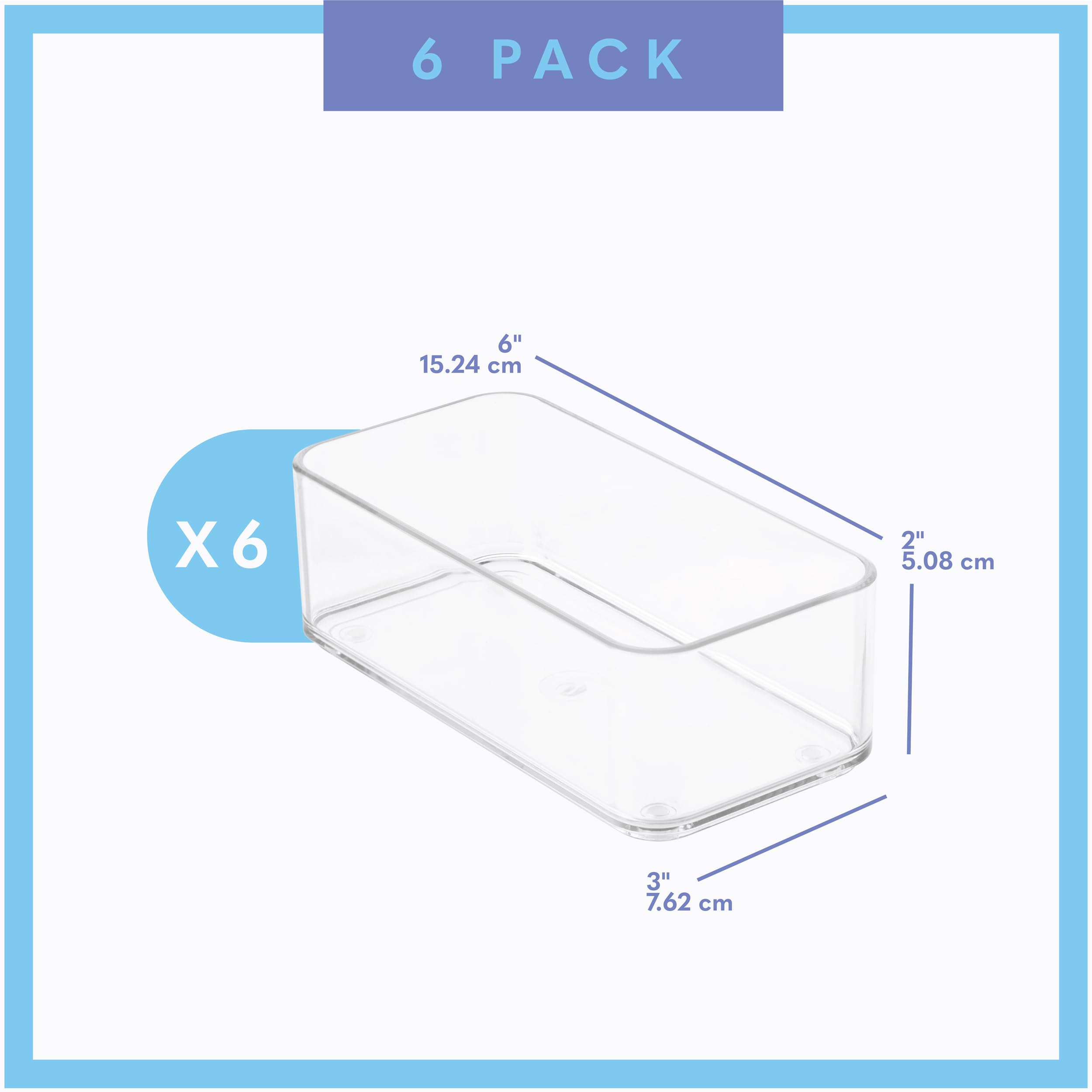 primebox Organizzatori per cassetti in plastica trasparente, per bagno, cucina, camera da letto, smalti, ufficio, vassoi portaoggetti, resistenti, impilabili. 15,2 x 7,6 x 5,1 cm, set da 6