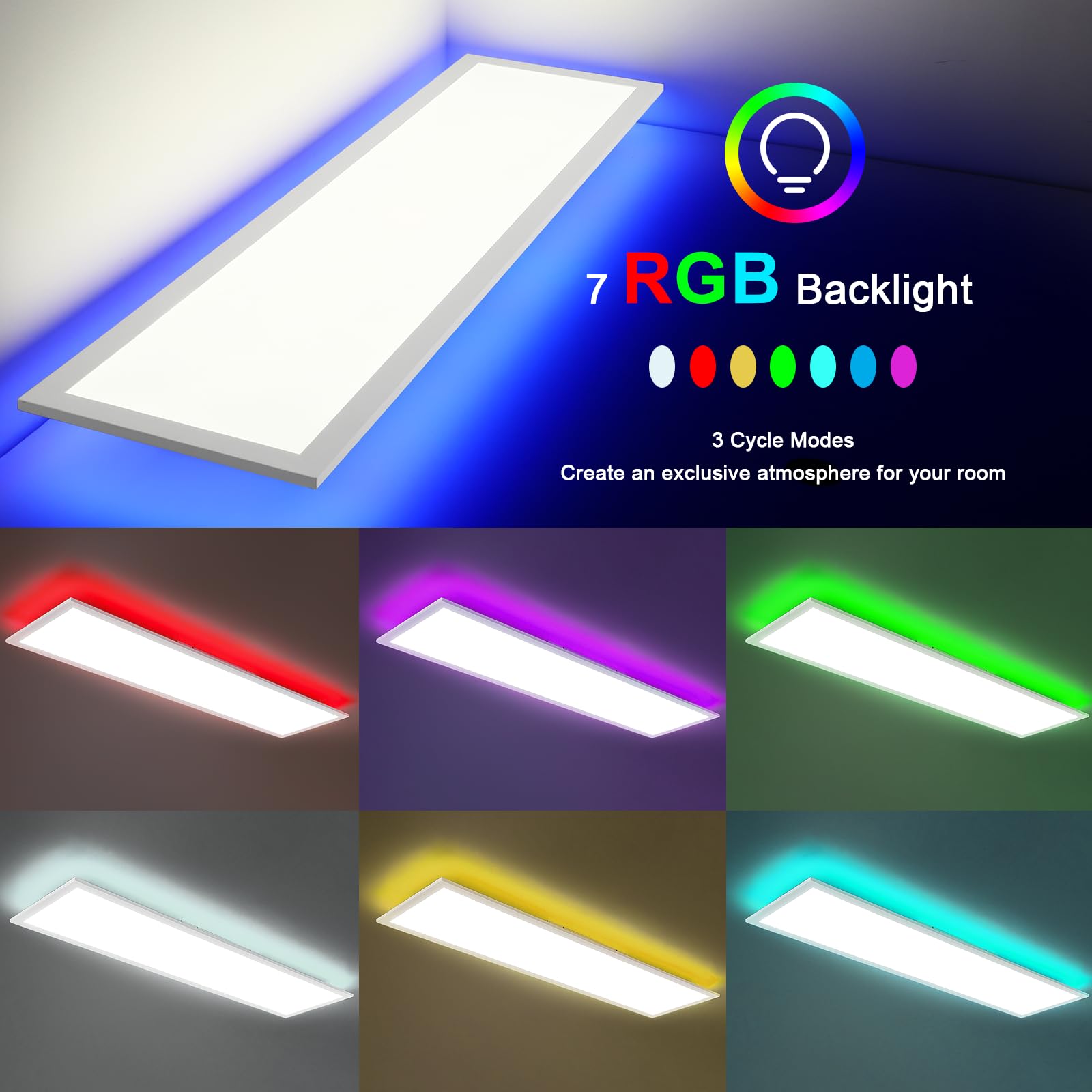 Oraymin LED Panel Deckenleuchte 120x30, RGB Deckenlampe mit Fernbedienung, 40W 4800LM Lampen mit Speicherfunktion, 3000K-6500K LED Lampe Decke als Wohnzimmerlampe, Küchenlampe, Bürodeckenleuchten
