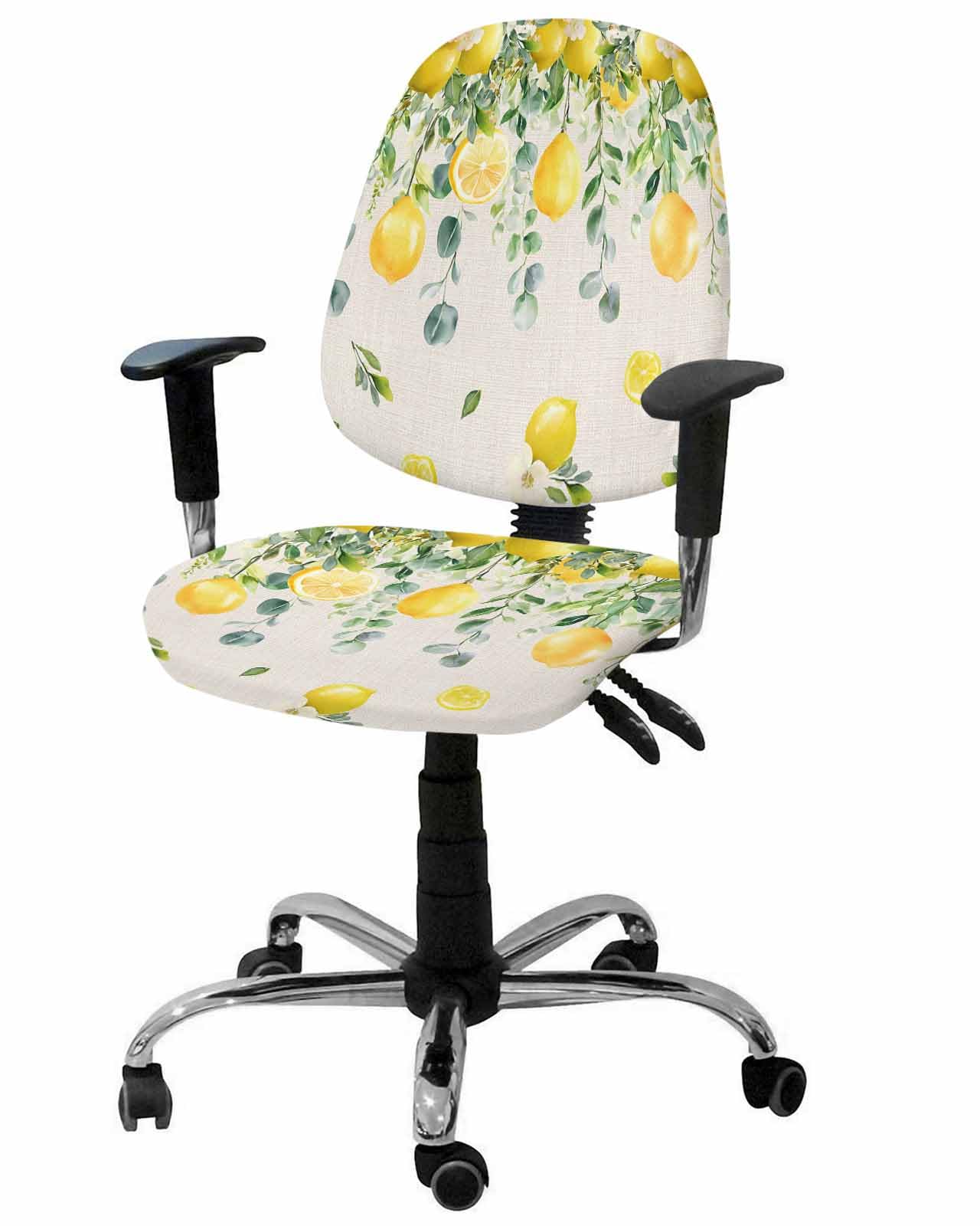 Lemon Leaves 2 Pieces Computer Office Chair Covers Set,Stretchable Desk Rotating Chair Seat Cushion Slipcover Back Covers,Country Botanical Eucalyptus Leaves Floral Slipcover Back Cover Protector