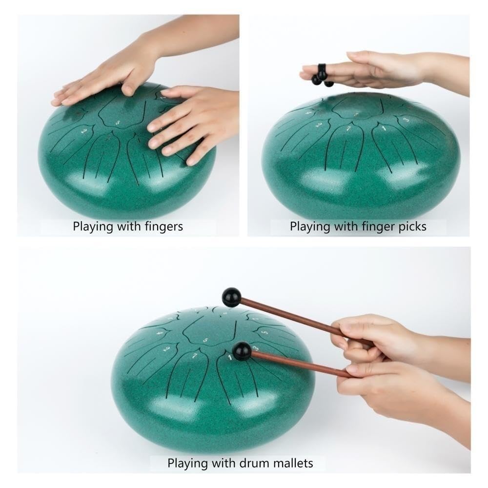 Javik - Tamburo per lingua in acciaio, 25,4 cm, 11 note, chiave a D, strumento a percussione, tamburo da meditazione con custodia, 2 bacchette, plettri per dita per adulti e bambini (verde)