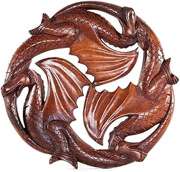 terre Hand Carved Teak Wood Dragon Wall Art - Mystical 12 inch Handcrafted Carving - Unique Traditional Wooden Sculpture, Handmade Artisan Home Decor