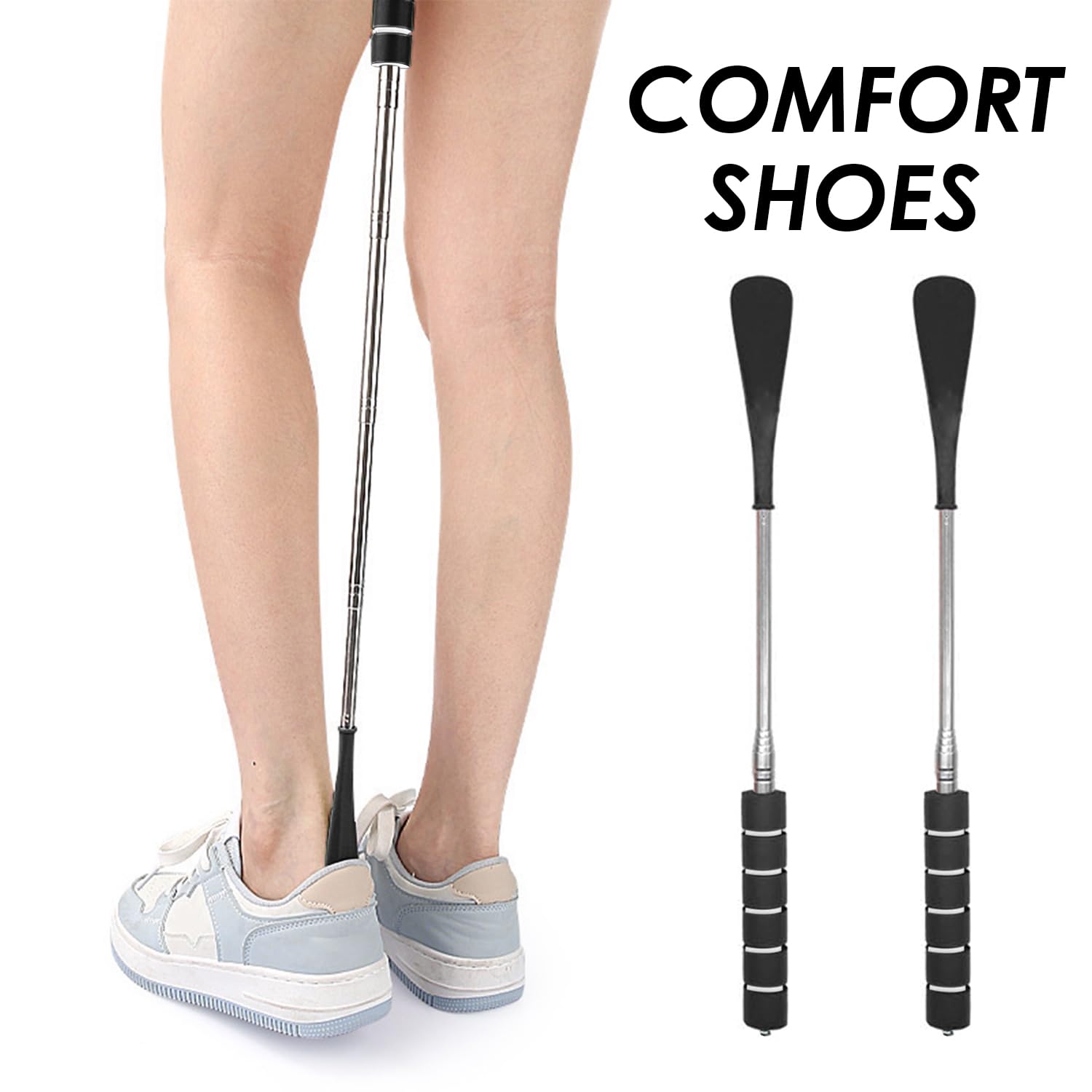 2 Calzadores Negros, Usuarios De Zapatos Retráctiles De Mango Largo, Herramientas Familiares Portátiles Y Prácticas, Adecuadas Para Ancianos, Niños Y Adultos.
