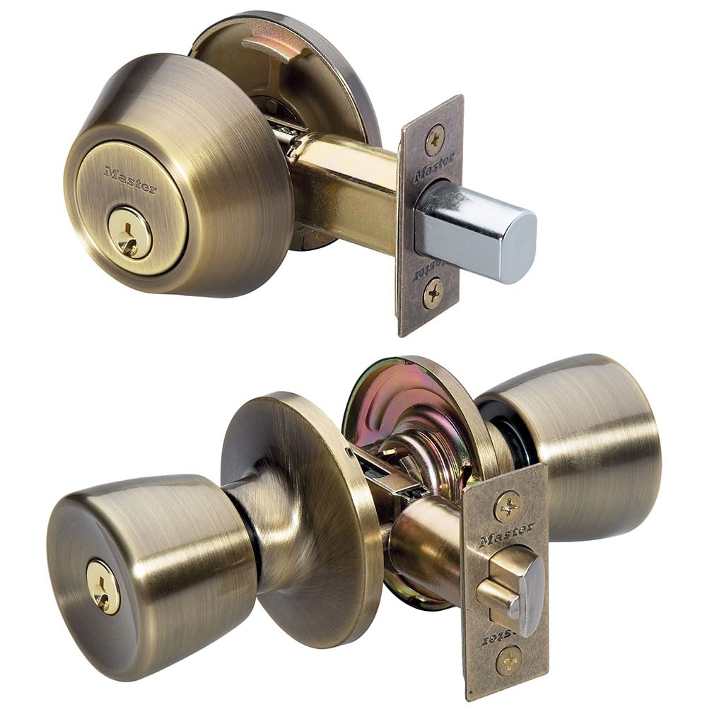 Master Lock Keyed Entry Door Lock, Single Cylinder Deadbolt with matching Tulip Style Knob, Antique Brass, TUCO0605,Combo