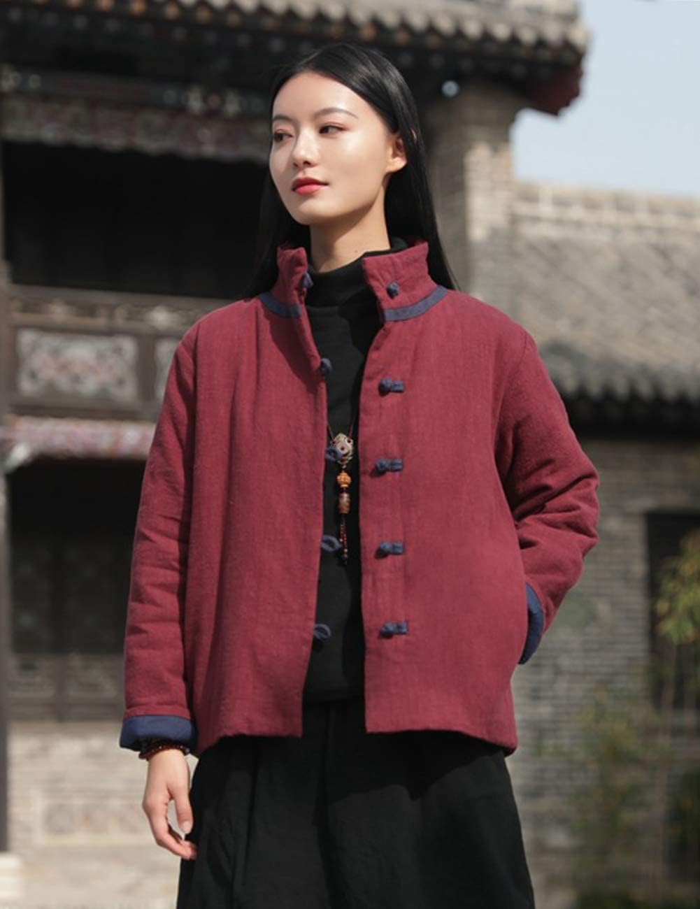 NFYM Women's Quilted Lightweight Short Jacket Stand Collar Outerwear Cotton Linen Padded Chinese Style Tang Suit