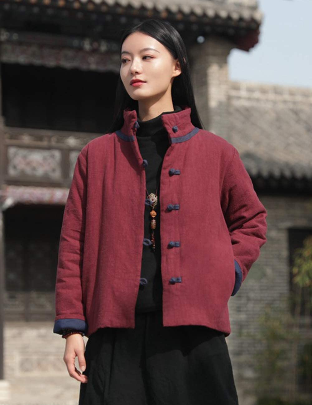 NFYM Veste courte matelassée légère à col montant pour femme, vêtement d'extérieur en coton et lin, style chinois, costume Tang