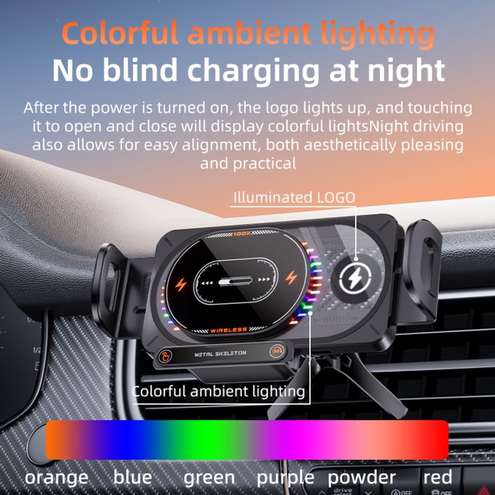 Cargador de coche inalámbrico rápido de 15 W con luz RGB, soporte de ventilación ajustable para Samsung Galaxy Fold and Flip, rotación vertical horizontal de la pantalla