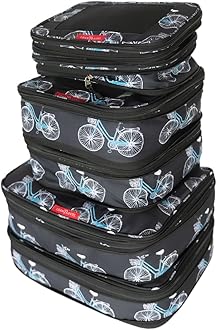 LeanTravelCompression Packing Cubes for Travel Organizers with Double Zipper (6-Pack (2L+2M+2S), Bicycles)