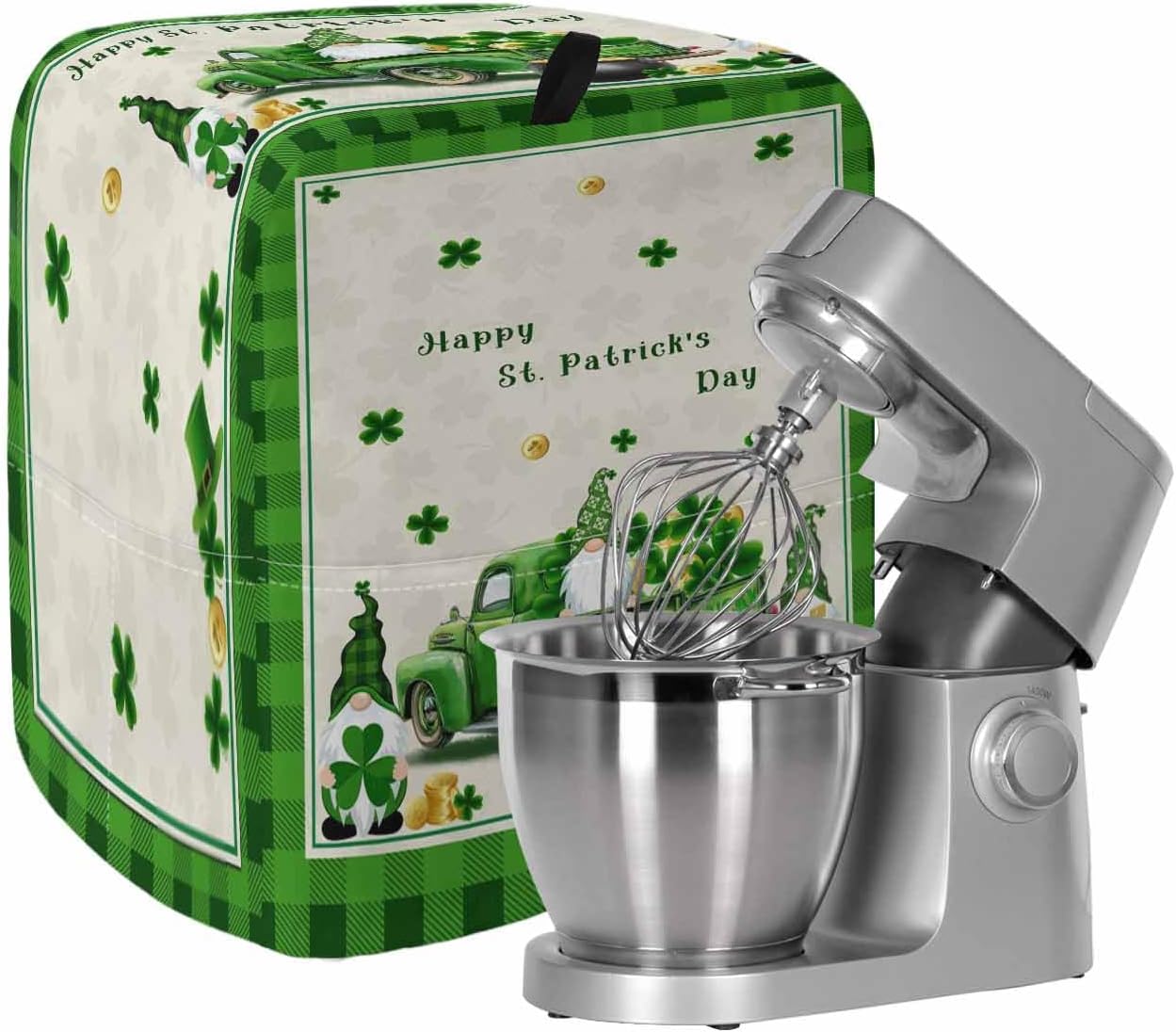 St. Patrick's Day Stand Mixer Cover with Storage Pocket, Waterproof Kitchen Mixer Covers, Gnomes Shamrocks Truck Gold Coin Plaid Kitchen Appliance Dust Cover Compatible with 5-8 Quart Mixers