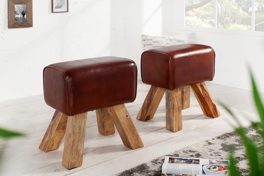 invicta INTERIOR Kult Sitzhocker TURNBOCK mit Echtleder Bezug Mangoholz Schulsport Hocker Natur 40cm Fußhocker aus Holz mit Lederbezug