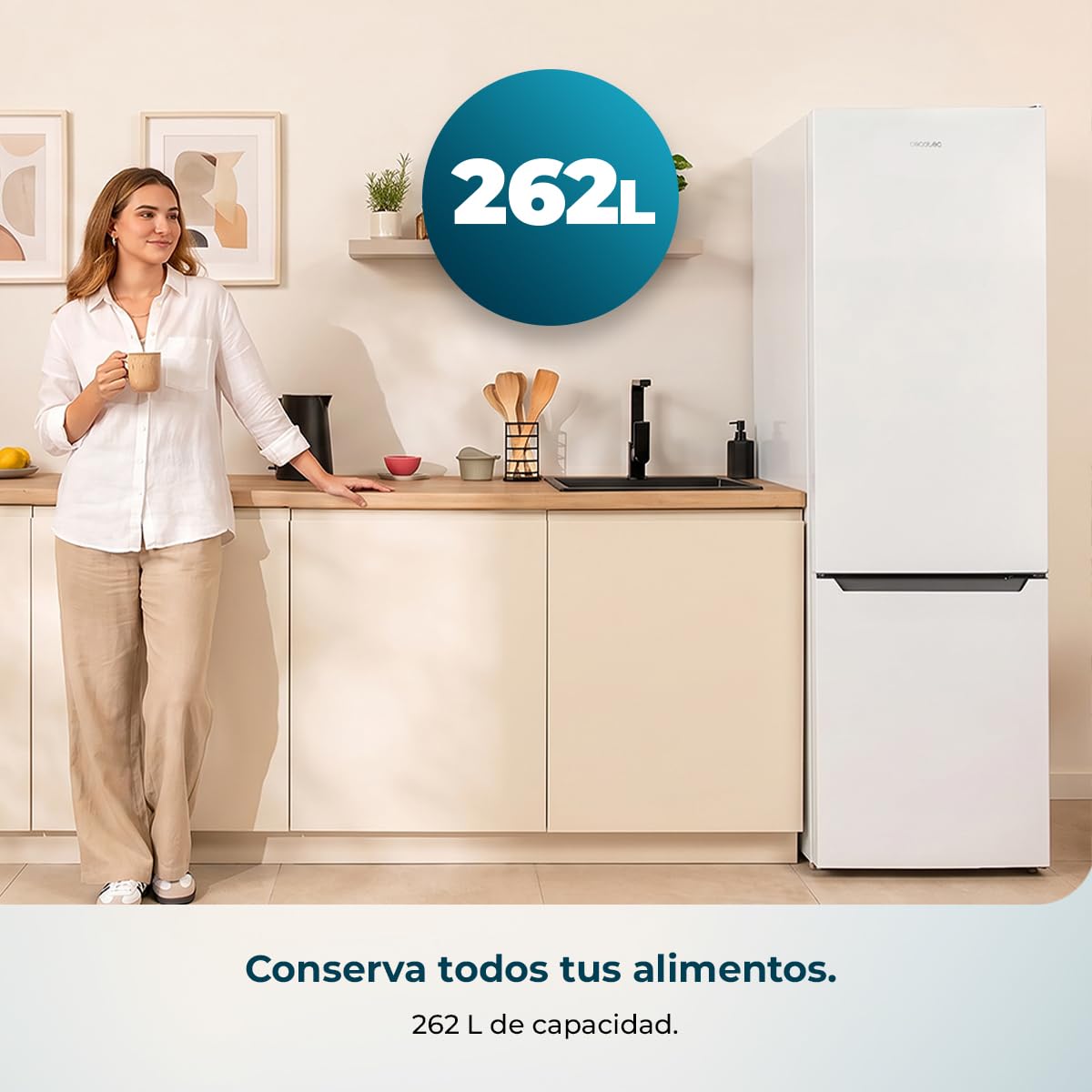 Cecotec Frigorífico Combi de 262 Litros Bolero CoolMarket Combi 262 White E PureFresh Kit. 176 cm de Alto, 54 cm de Ancho, Bajo Consumo, LED Interior, Puertas Reversibles, Control Electrónico