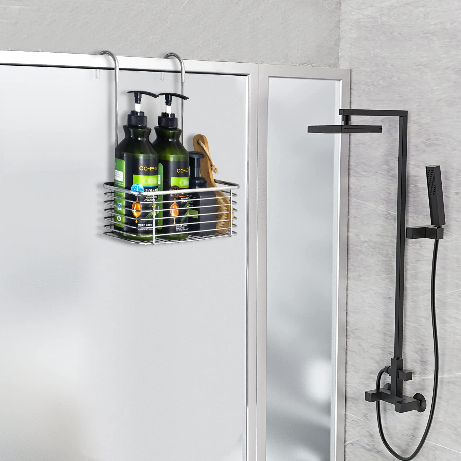 YQh Hängendes Duschregal, Badezimmer-Regal, Shampoo-Halterung, der Haken auf der Rückseite kann gedreht werden und kann an den Wasserhahn oder die Querstange gehängt werden, 304 Edelstahl, rostfrei