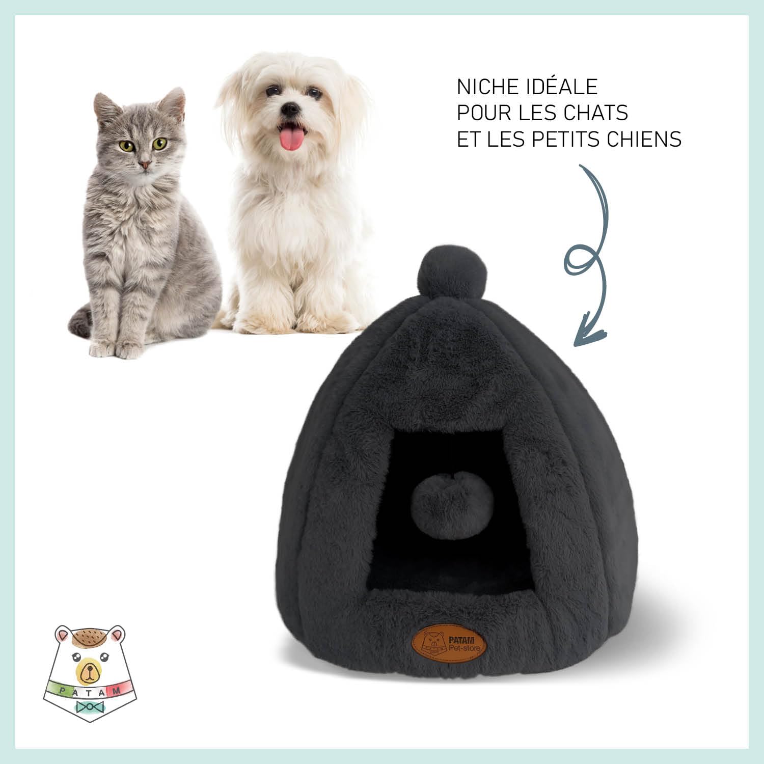 Niche pour Chiens et Chats, antidérapante en Tissu Duveteux Doux, Lavable, Design de Rideau avec Balle de Jeu, 43 x 43 x 43 cm - Igloo Noir