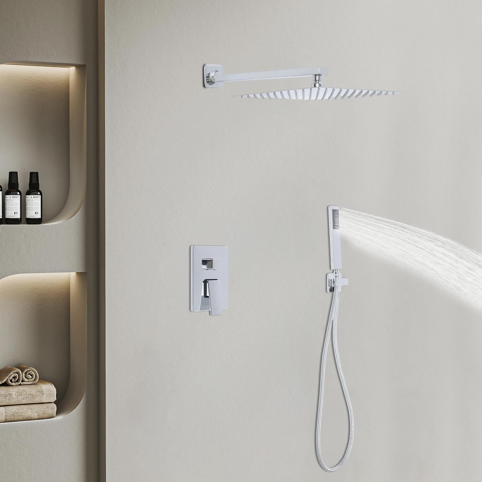 Nowoczesny system prysznicowy z deszczownicą i słuchawką prysznicową, 30 x 30 cm, głowica prysznicowa ze stali nierdzewnej, obracana o 360°, zawór ceramiczny, montowany na ścianie, w
