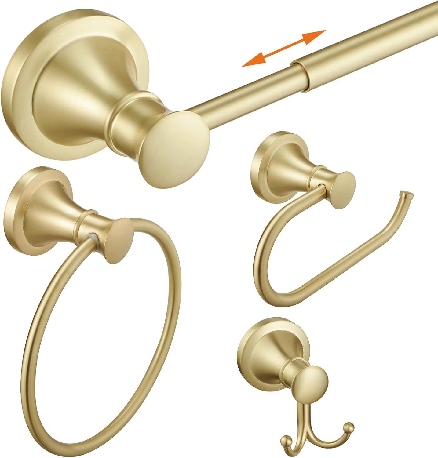 Hoimpro Brushed Gold 4-Piece Bathroom Bath Set, Wall Mount Bathroom Hardware Fixture (Adjustable Towel Bar Rack, Towel Ring Holder, Paper Towel Holder, Double Towel Hook), Bathroom Accessories