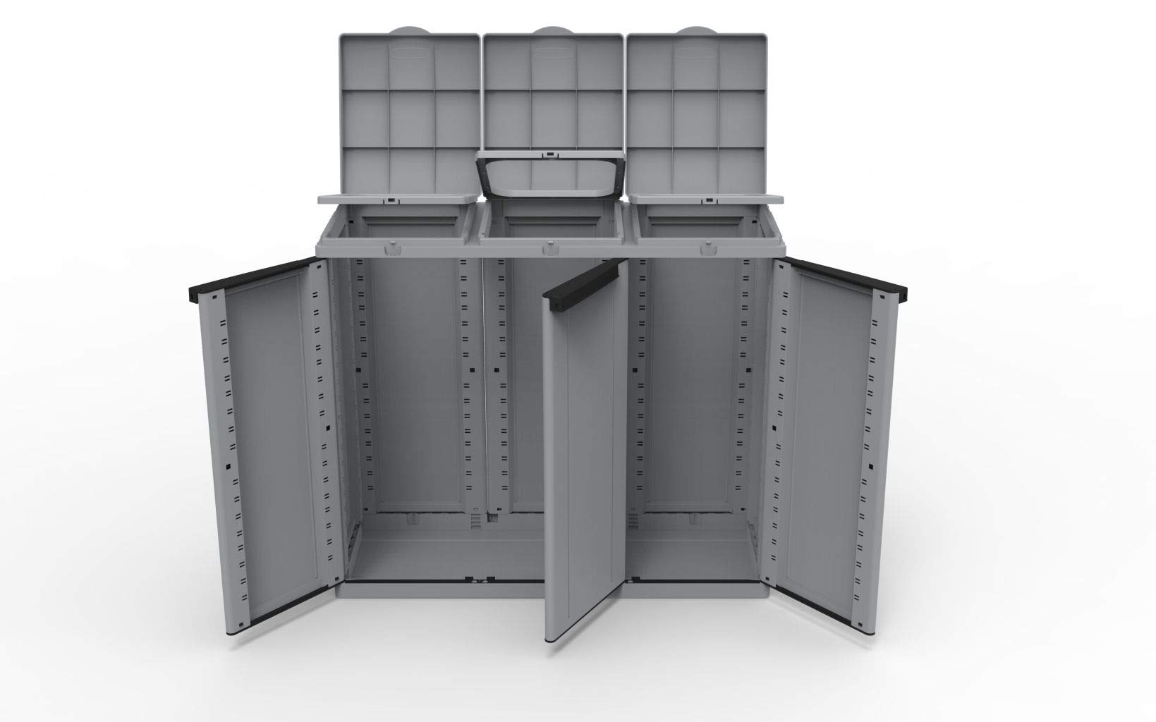 Kreher XXL Gartenschrank, Müllbox mit 3 Türen und Halterung für Müllsäcke. Aus Kunststoff in Grau. Mit Deckel und Türen. Praktisch und Preiswert.