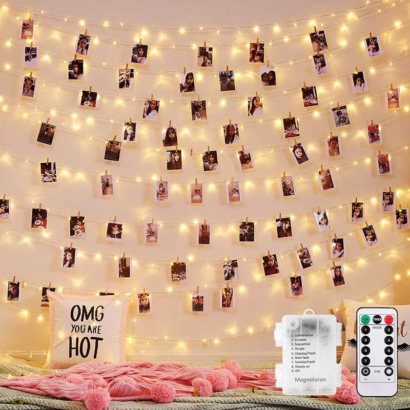 Magnoloran 33ft Wooden Photo Clips String Lights with Remote & Timer, 100 LED Lights & 50 Painted Clothespins Hanging Pictures, Battery Powered Twinkle Copper Wire Fairy Lights for Festival Decor
